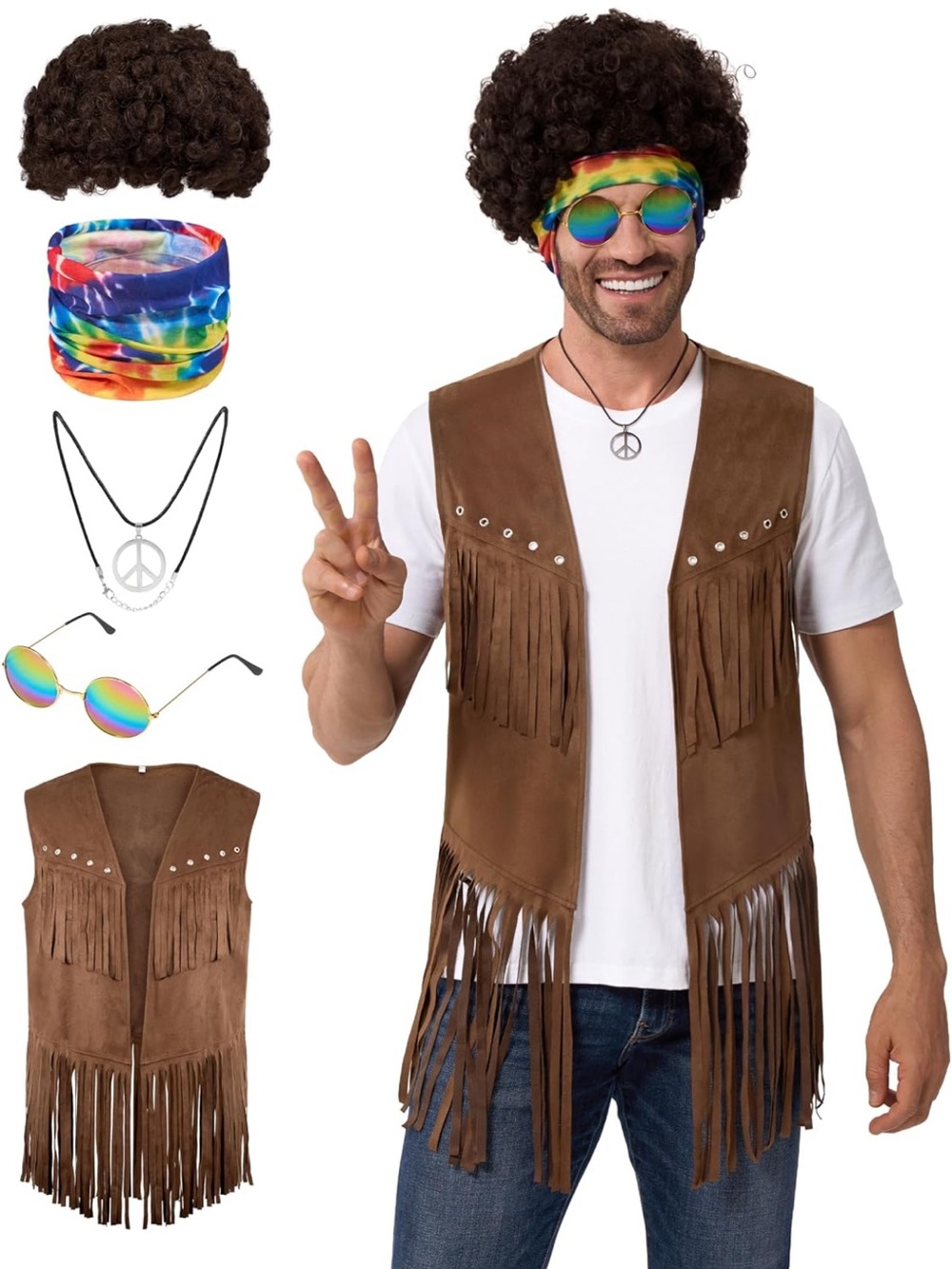 Spooktacular Creations 5 Pcs Halloween Men Hippie Vest Costume